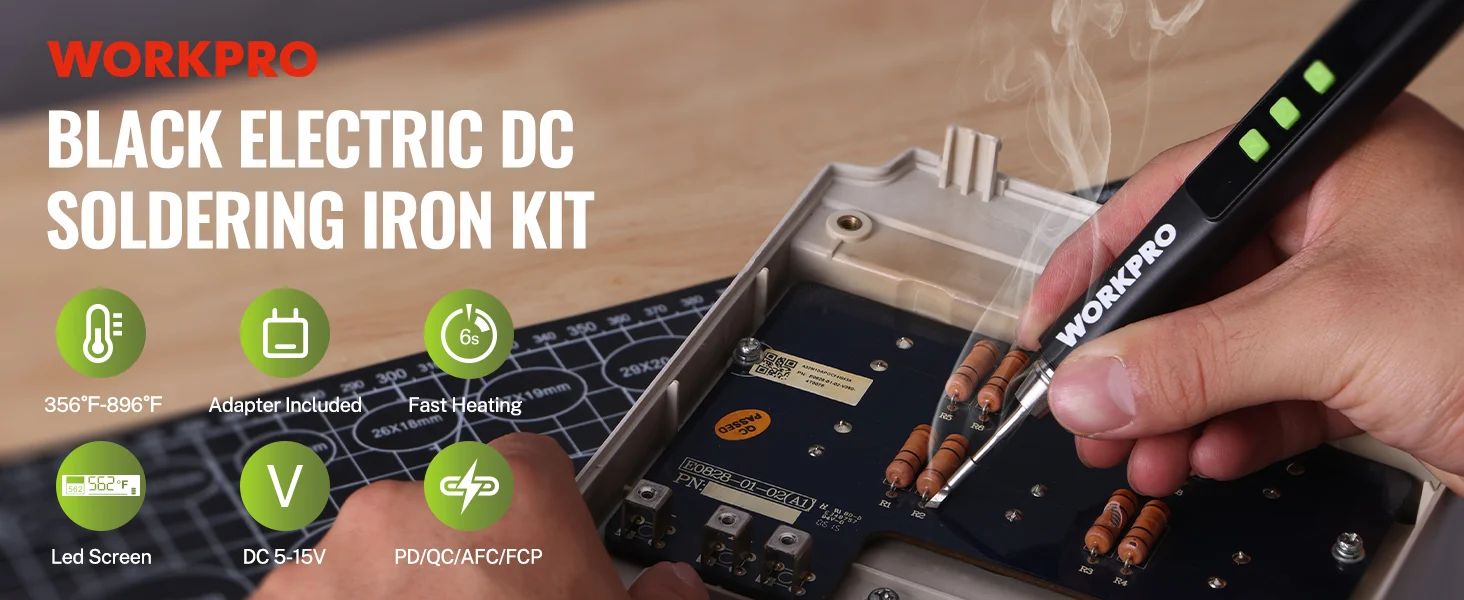 Soldering iron kit with WORKPRO branding, hands assembling a circuit board on a heat mat