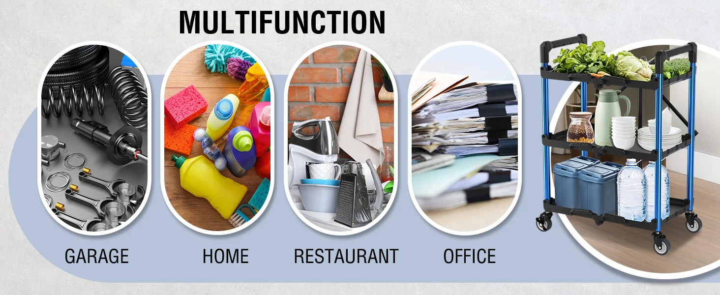Multifunction storage cart with garage, home, restaurant, and office icons, showing innovation and durable quality