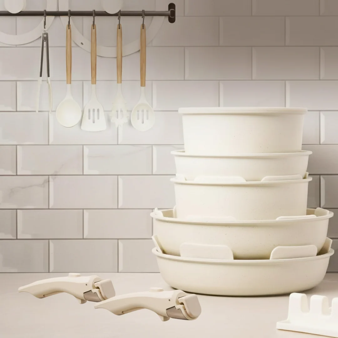 Cookware Set with Transparent Glass Lids and Detachable Handles - Image 2