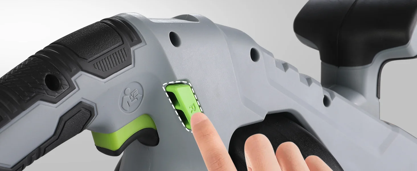 Handheld power tool with innovation and quality, showing a green screen and textured black and gray grip