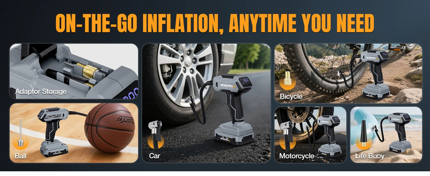 Inflation themed tool display with innovation and quality text over car, bicycle, motorcycle, ball, and life buoy scenes