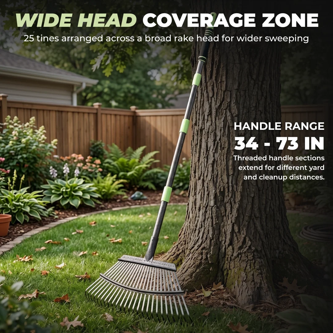 Adjustable 25-Tine Steel Garden Leaf Rake with Extendable Handle