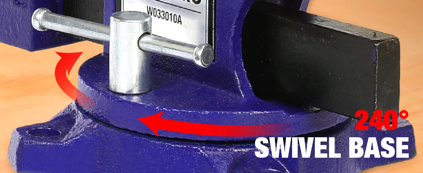 Swivel base with 240 degree rotation, blue metal housing and pivot joint with W030010A label