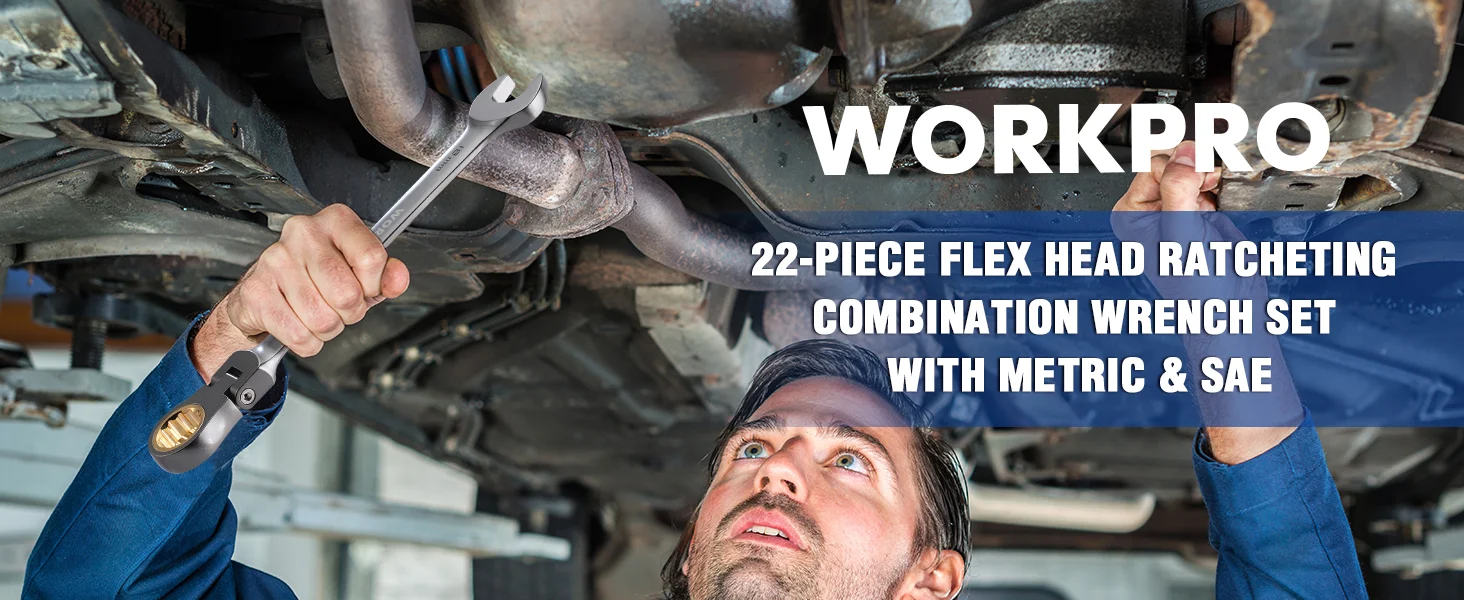 Mechanic tightening a ratcheting wrench under a car, with visible exhaust pipes and tools in a workshop