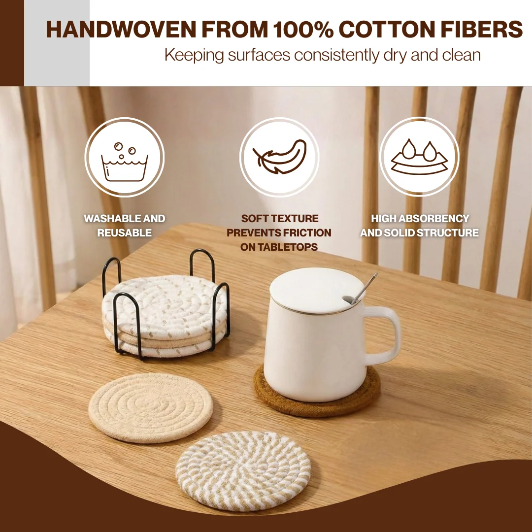 Absorbent Cotton Drink Coasters Set of 8 with Holder, 4 Colors