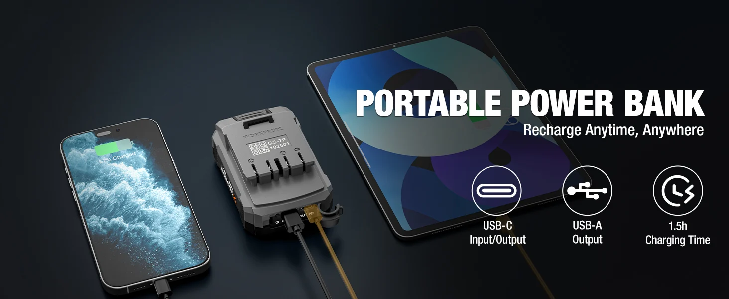 Portable power bank with innovation and quality shown beside a phone, USB C and USB A ports, and charging time