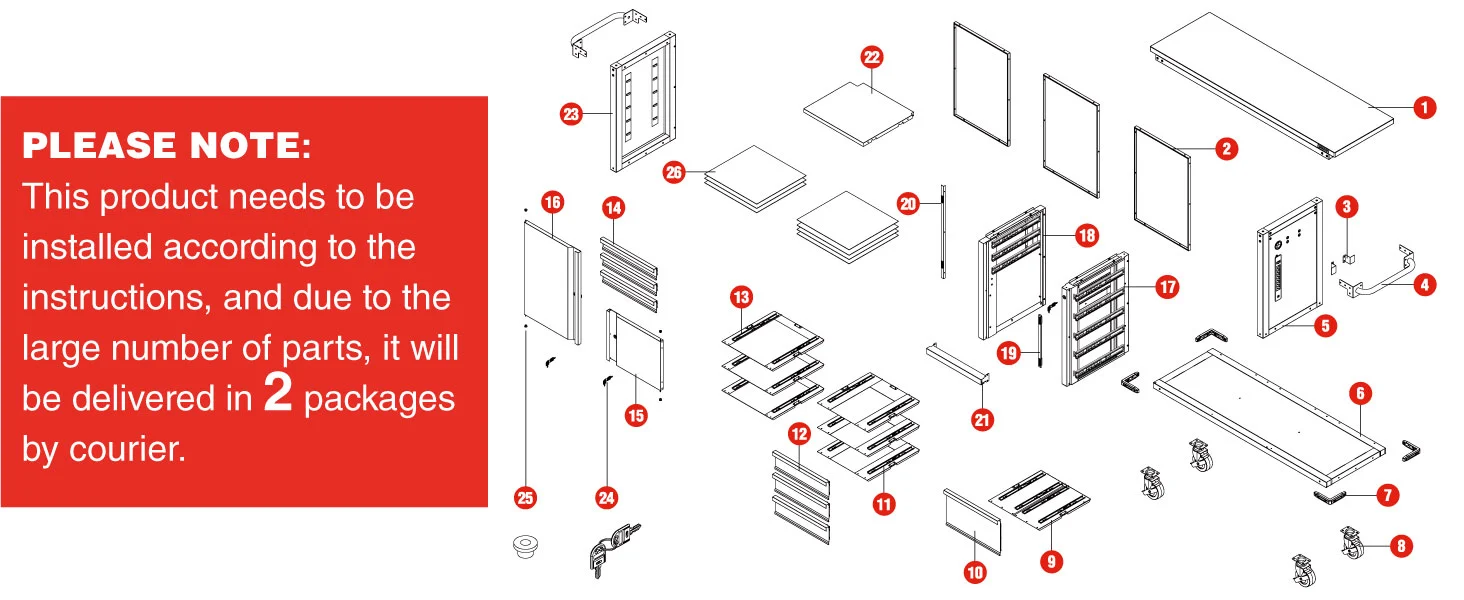 Exploded view diagram of a cabinet frame with numbered parts and a red notice about installation and delivery