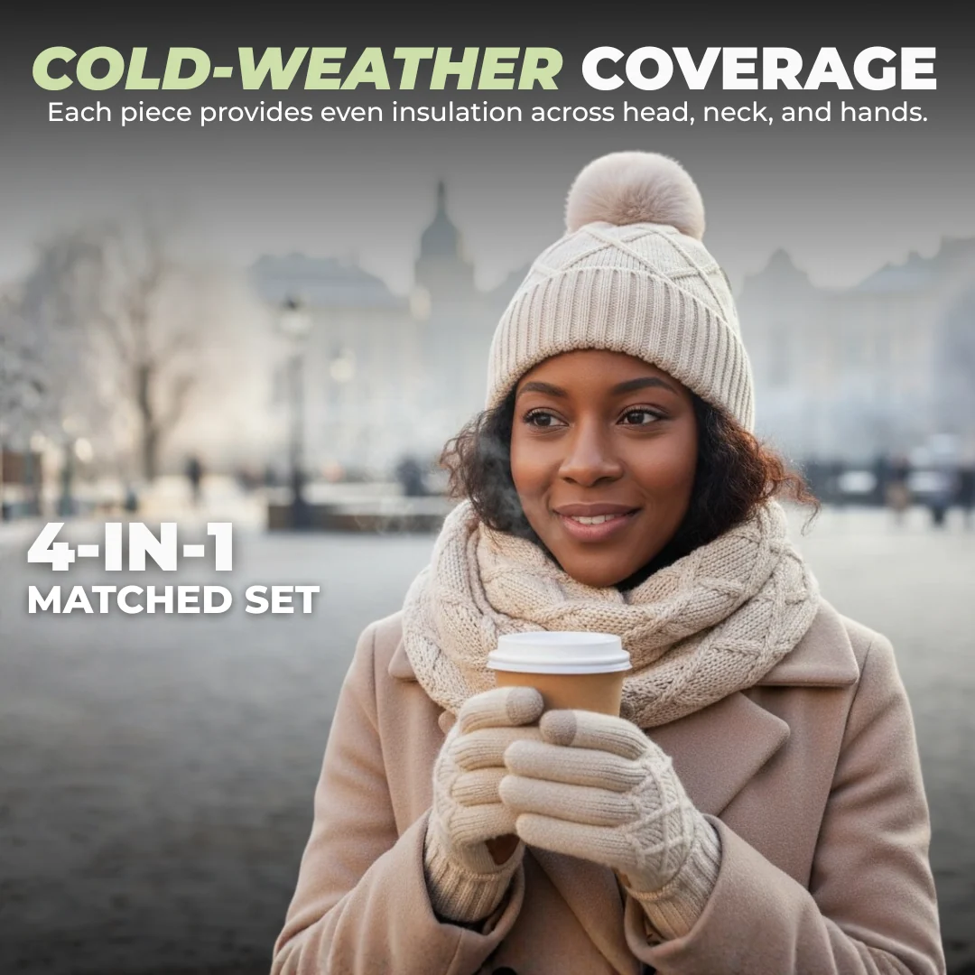 Women’s 4-in-1 Winter Hat, Scarf, Gloves, and Headband Set Oatmeal