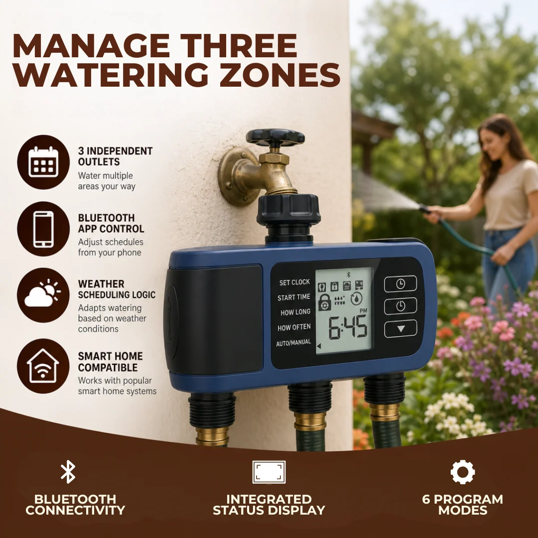 3-Port Smart Hose Watering Timer with Bluetooth App Control System