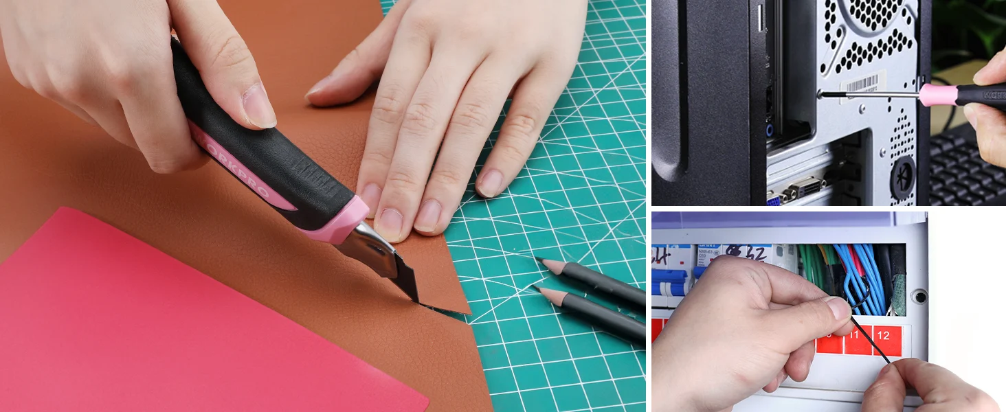 Hands cutting leather with a utility knife and installing cables inside a computer case, showing innovation and quality