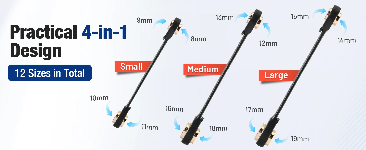 Practical 4 in 1 design tool with 9mm, 13mm, and 15mm heads, showing small, medium, and large sizes