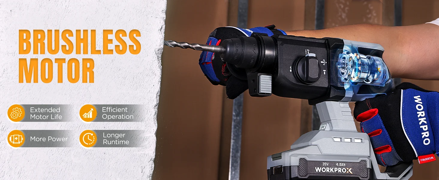 Power drill innovation and quality in a gloved hand, with blue and black tool parts and visible battery