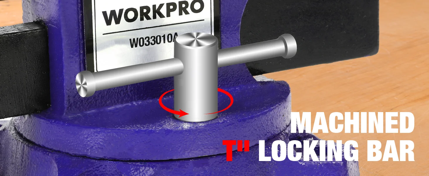 Metal locking bar on a purple vise jaw, with visible WORKPRO label and red arrow marking motion