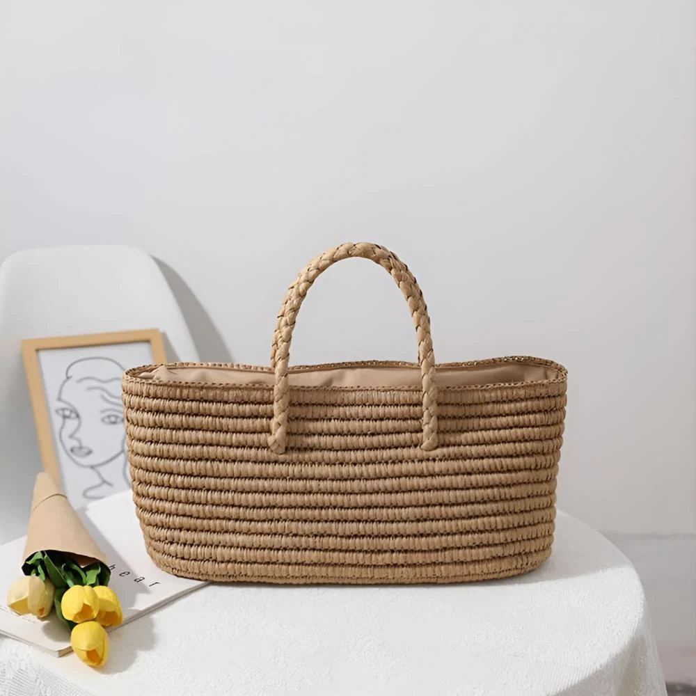Tote Bag Handmade Straw Drawstring Pouch & Dual Handles