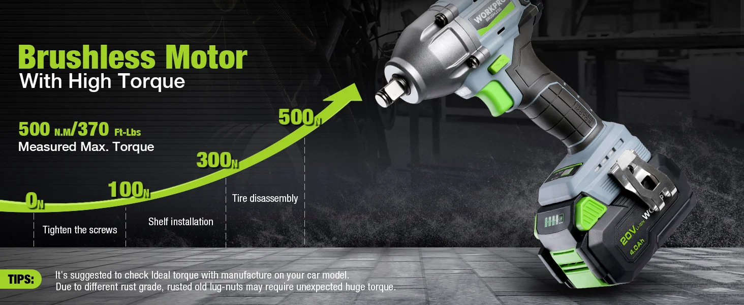 Cordless brushless motor tool with green accents and torque chart text on a workshop background