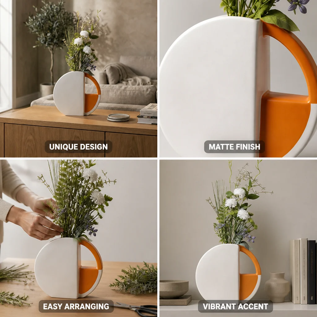 Vase Flat Disc Two-Tone Orange & White Matte Finish - Image 5