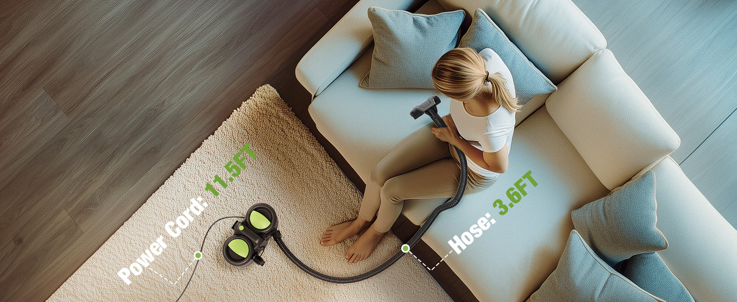 Woman vacuuming a carpet with a handheld cleaner, showing innovation and quality in a home setting