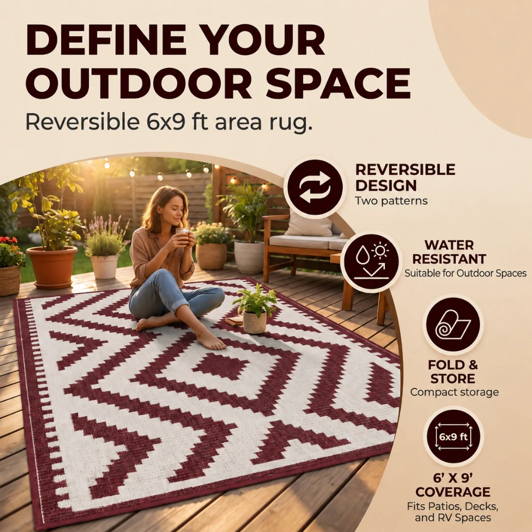 6x9 ft Reversible Outdoor Rug Water-Resistant for Patio Deck RV
