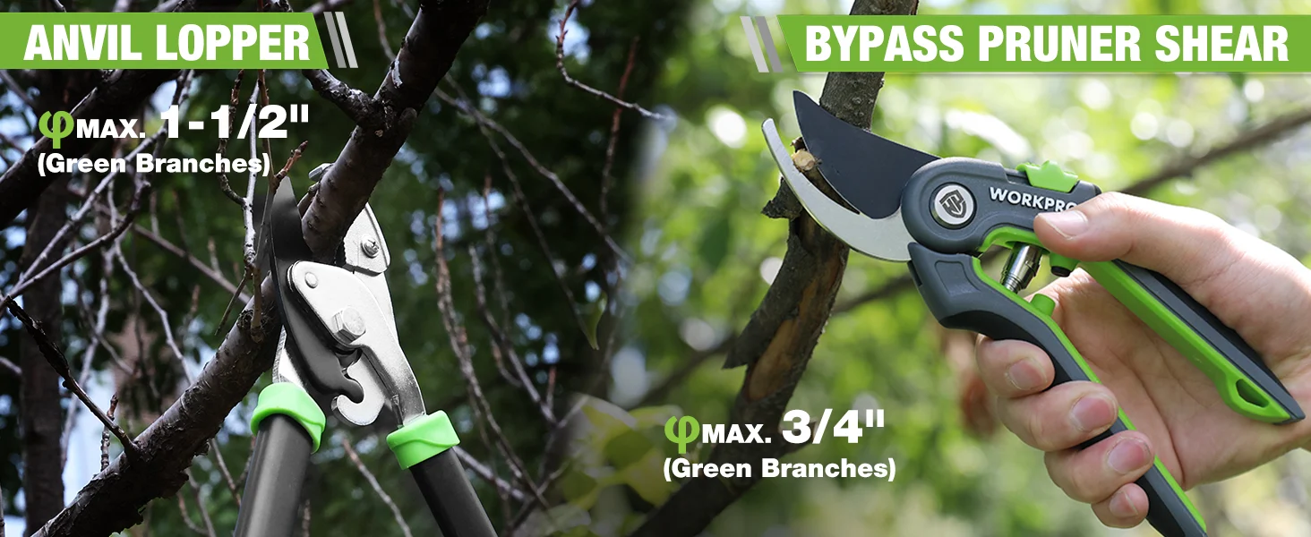 Bypass pruner shears cutting green branches, with innovation and quality shown on a hand tool