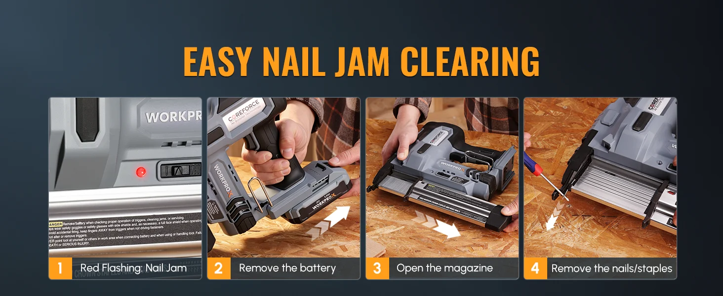 Nail jam clearing steps with a gray nail gun, showing innovation and quality through secure, durable, convenient use