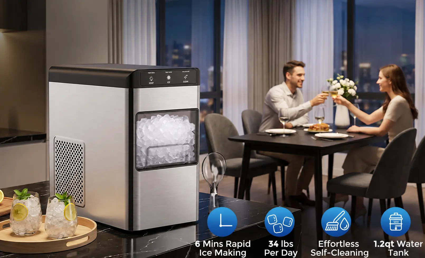 Kismile nugget ice maker for home with rapid ice making, self-cleaning, and 34 lbs daily capacity