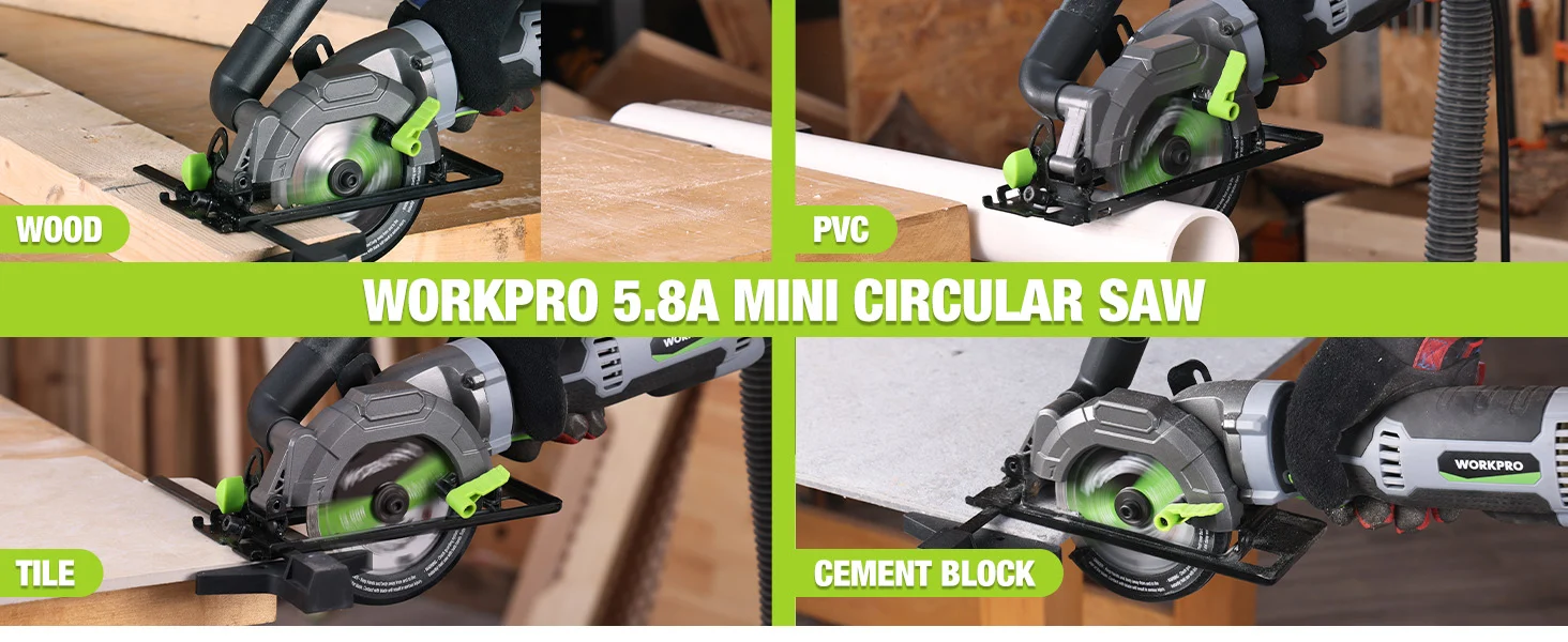 Mini circular saw cutting wood and PVC pipe with green accents, showing innovation and quality in a workshop