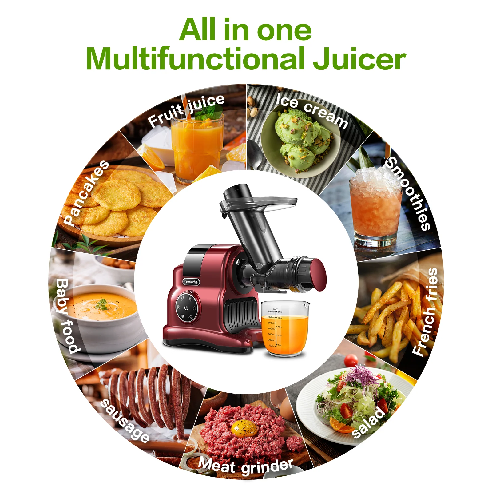 AMZCHEF 5-in-1 Inovative Cold Press Slow Juicer ZM1517 Red 3