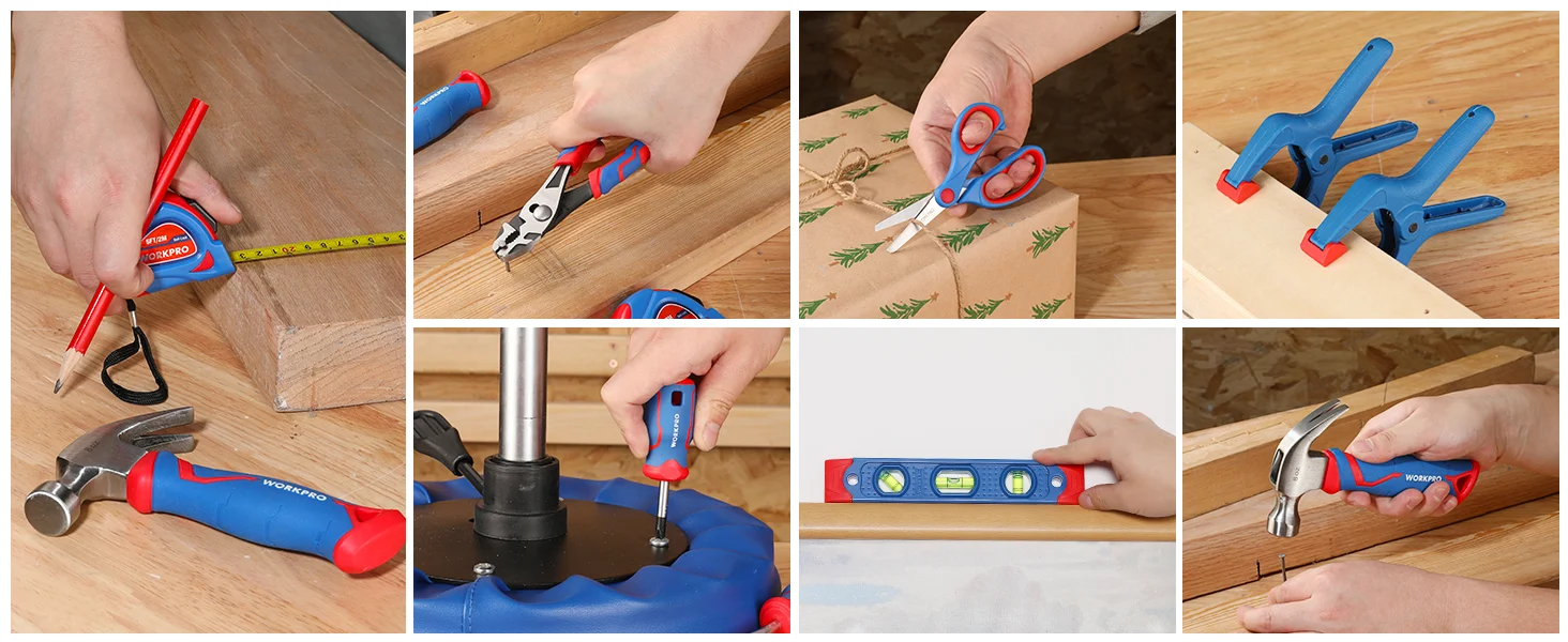 Hands using tools on wood, showing innovation and quality with durable, secure, convenient home repair work
