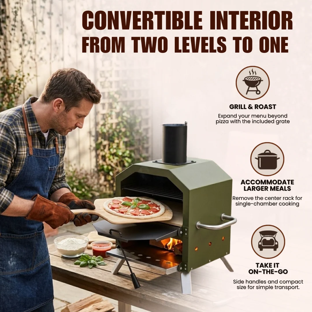 Wood Fired Pizza Oven with Dual-Level Cooking and Pizza Stone