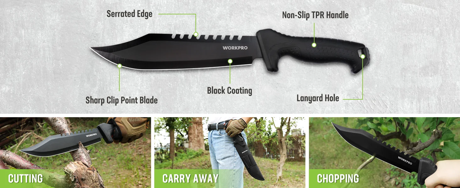 Workpro serrated edge knife with sharp clip point blade, black coating, and non slip TPR handle