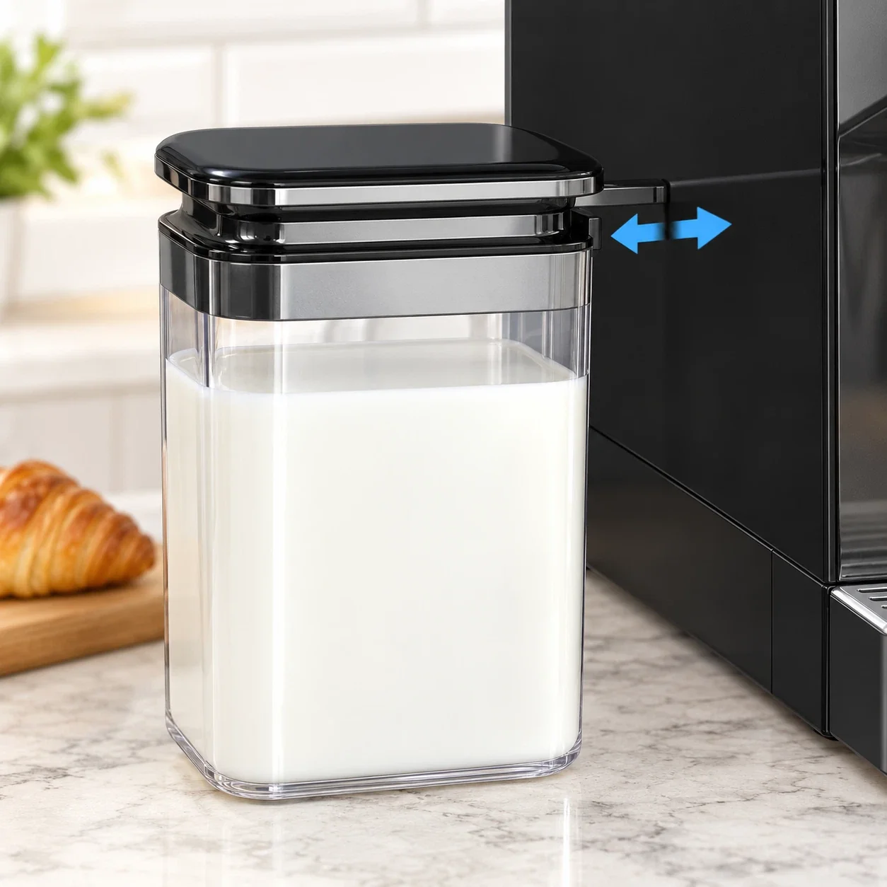 Removable milk reservoir connected to a Kismile espresso machine, with an arrow showing the removal direction