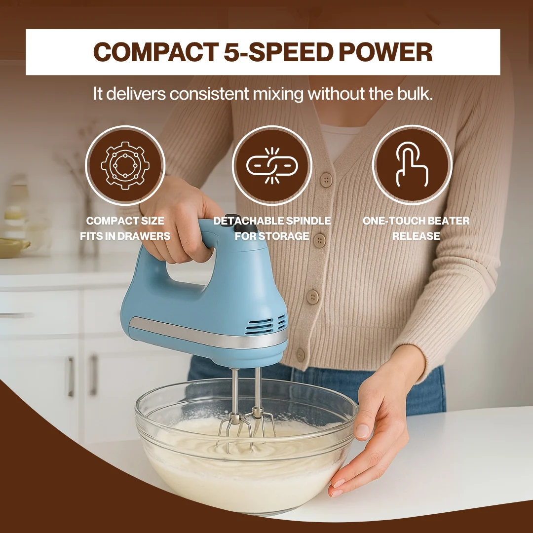 5 Speed Hand Mixer with Turbo Beaters, Lightweight & Compact