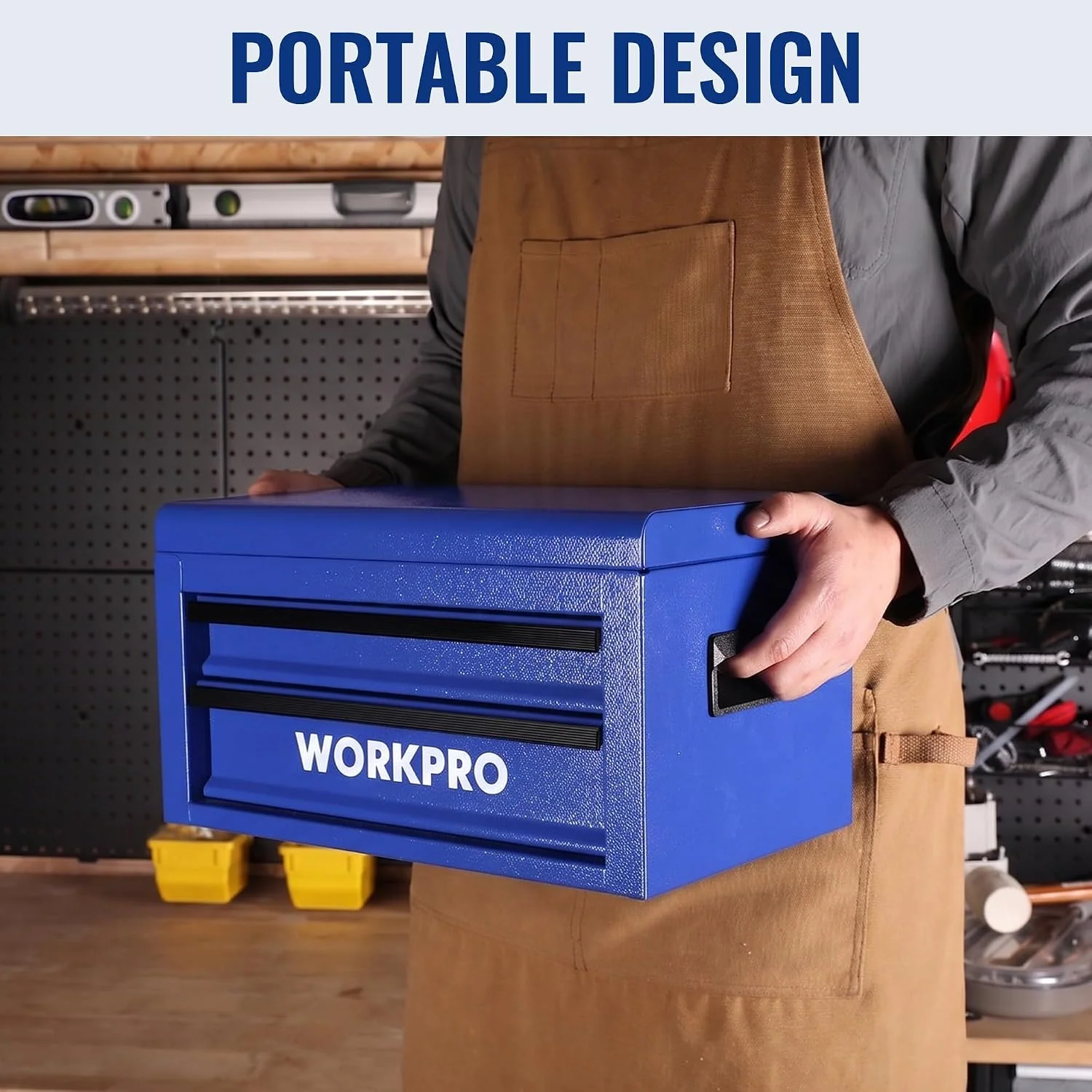 WORKPRO 15-Inch Metal Tool Box with 2 Drawers & Top Storage, Blue - Image 6