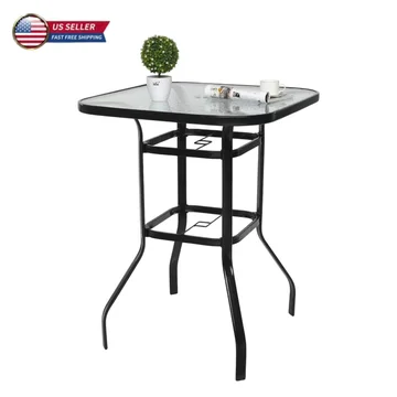 IVV Outdoor Patio Bar Height Bistro Table w/ Tempered Glass Top & 1.8" Umbrella Hole & Metal Frame, 31.5"L x 31.5"W x 39.8"H, Black & Clear