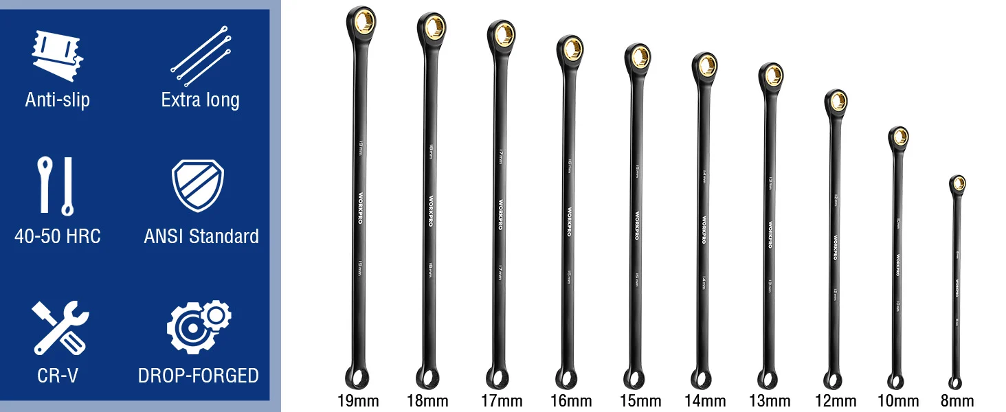 Set of black ratcheting wrenches with gold tips, shown with sizes from 19mm to 8mm and durability markings