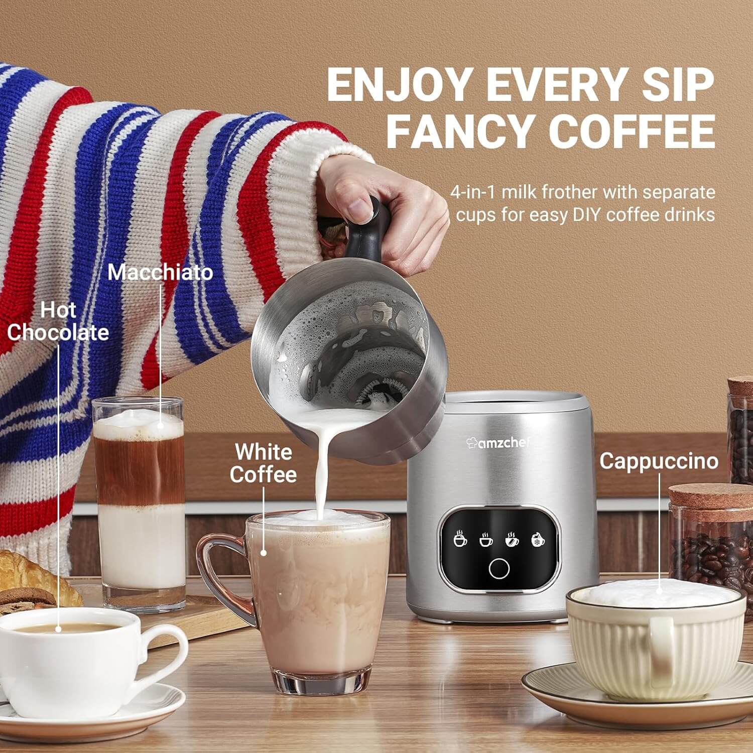 AMZCHEF 4-in-1 Milk Frother and Steamer Milk Warmer 3