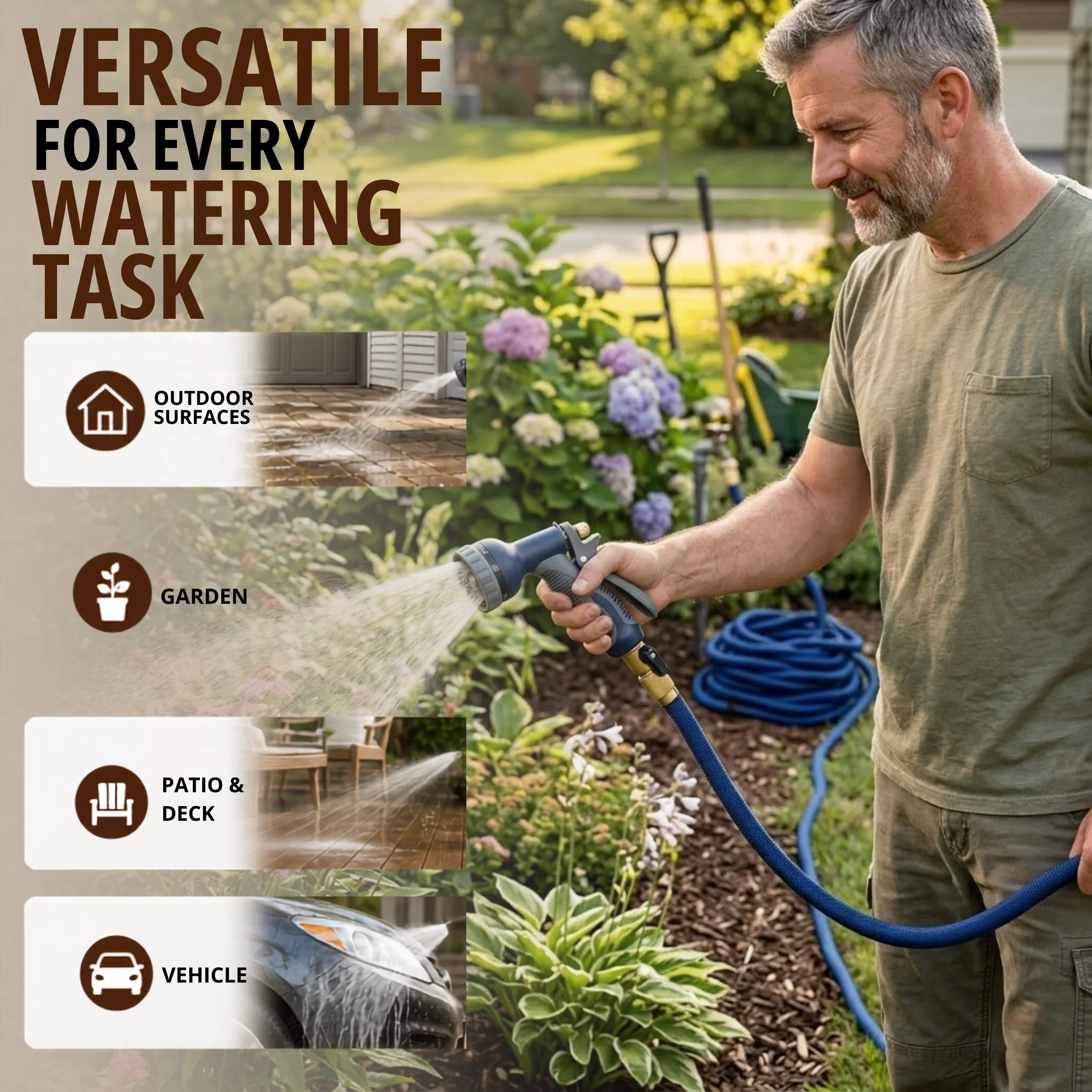45 ft Stainless Steel Garden Hose with 10-Pattern Spray Nozzle