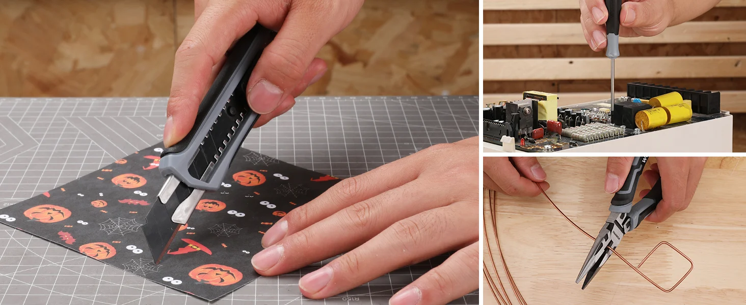 Hand using a stapler on a Halloween fabric mat with visible tools and wire on a wooden workbench