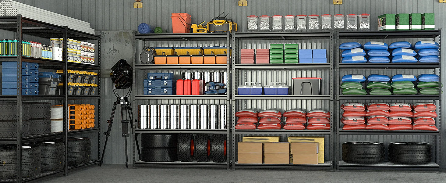 Storage room shelves with labeled bins, stacked tires, and neatly arranged boxes, showing innovation and quality