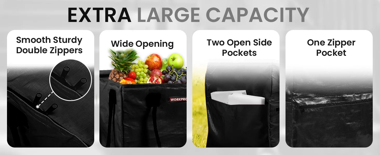 Innovation and quality on a black insulated tote bag, showing wide opening, side pockets, and one zipper pocket