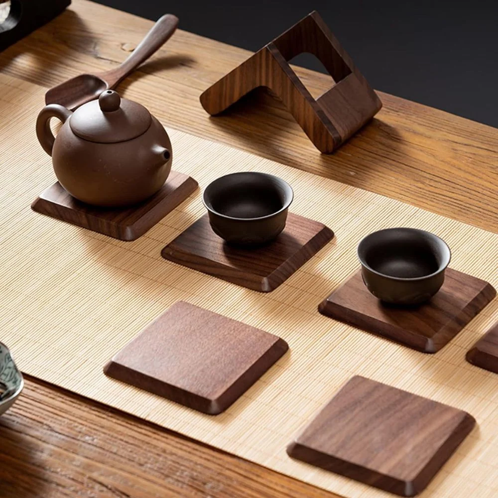 Coaster Set Square Stackable Holder Black Walnut & Beech