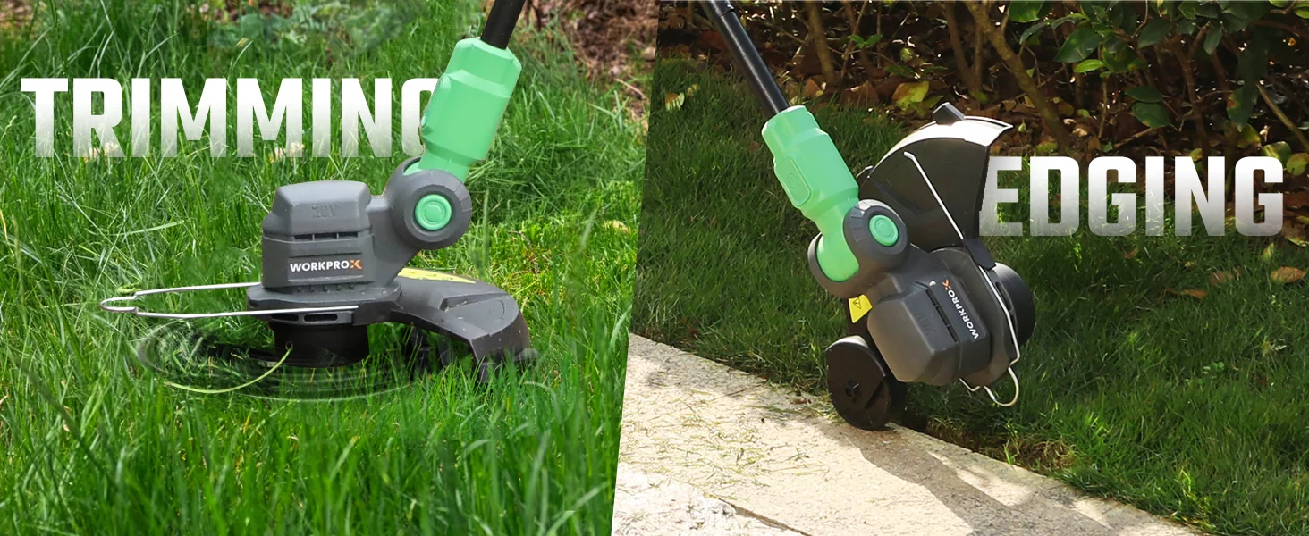 Electric lawn trimmer innovation and quality shown in green and black on grass and a garden path