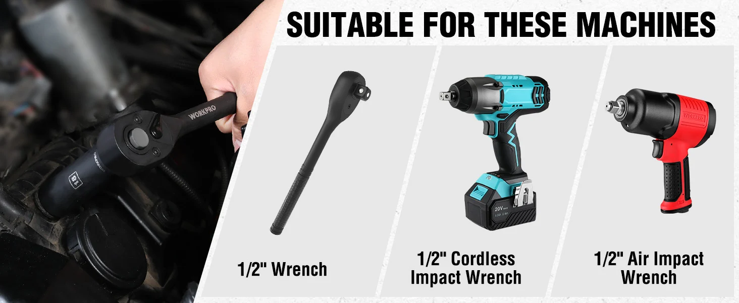 Cordless impact wrench and 1 2 inch air impact wrench with wrench tool images on a workbench background