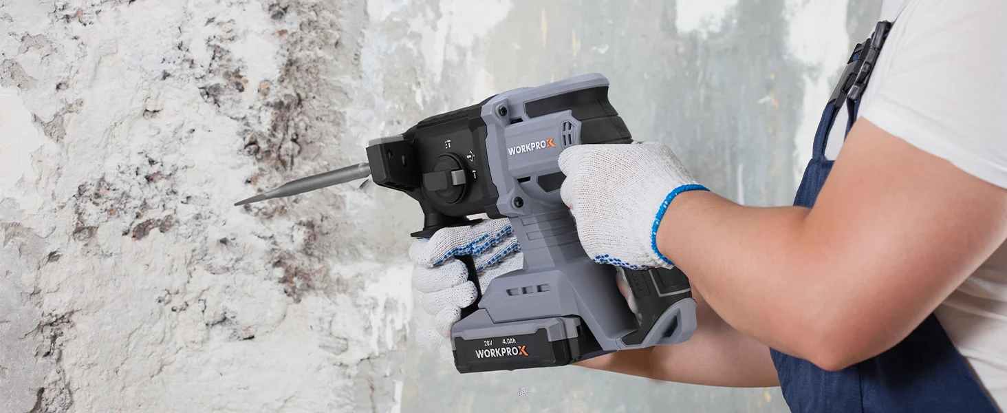 Hand holding a power drill with blue gloves, innovation and quality in a secure, durable tool setup