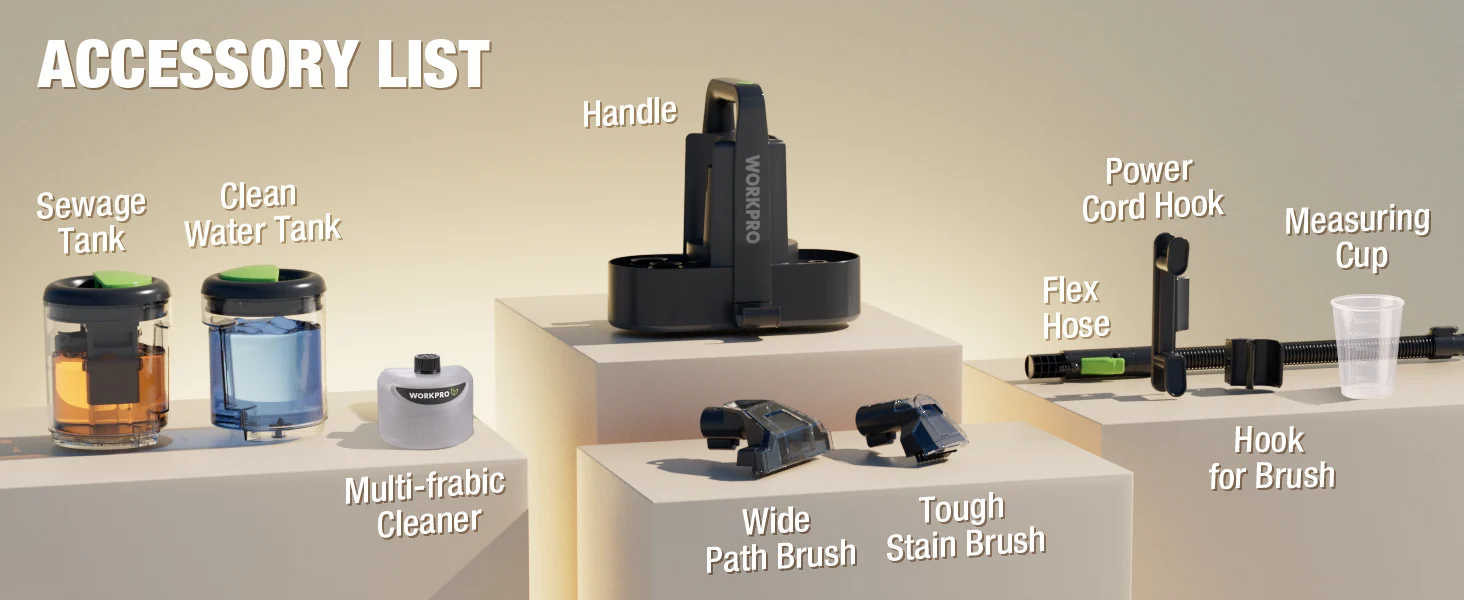 Accessory list display with WorkPro tools, including handle, power cord hook, flex hose, and measuring cup