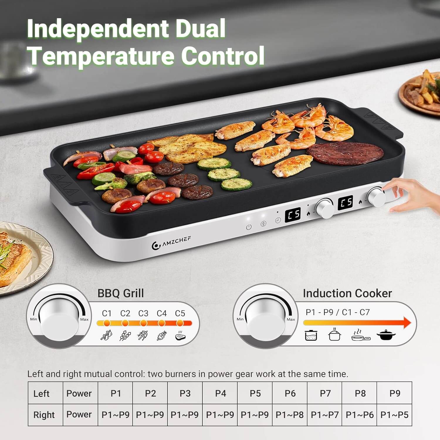 AMZCHEF Double Induction Cooktop with Removable Iron Cast Griddle Pan White 3