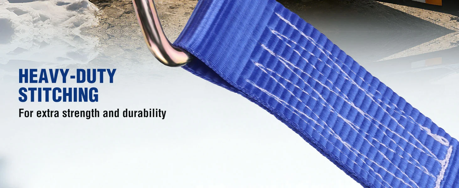Blue heavy duty strap with visible stitching and metal hook, showing innovation, quality, and durability