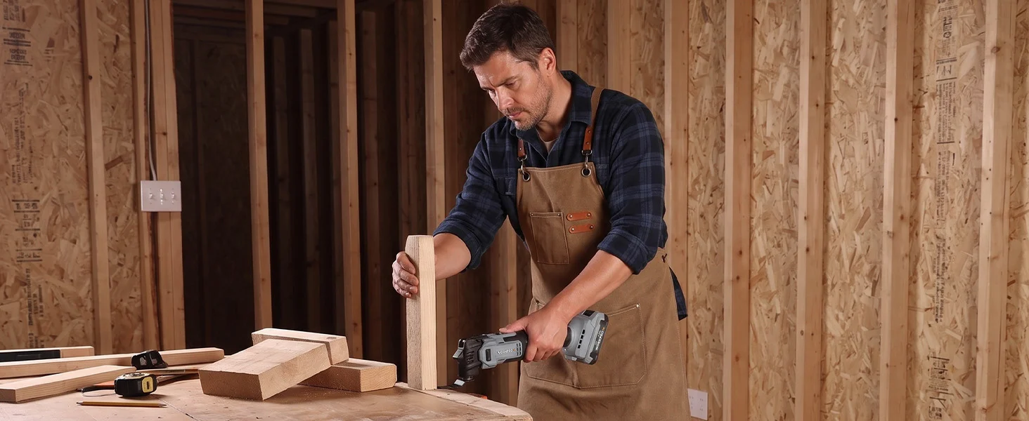 Carpenter installing wooden studs in a workshop, using a power drill, with innovation and quality workwear