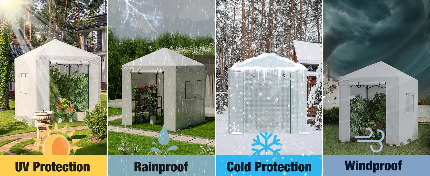 Outdoor pop up tent with UV protection, rainproof, cold protection, and windproof panels in a garden setting