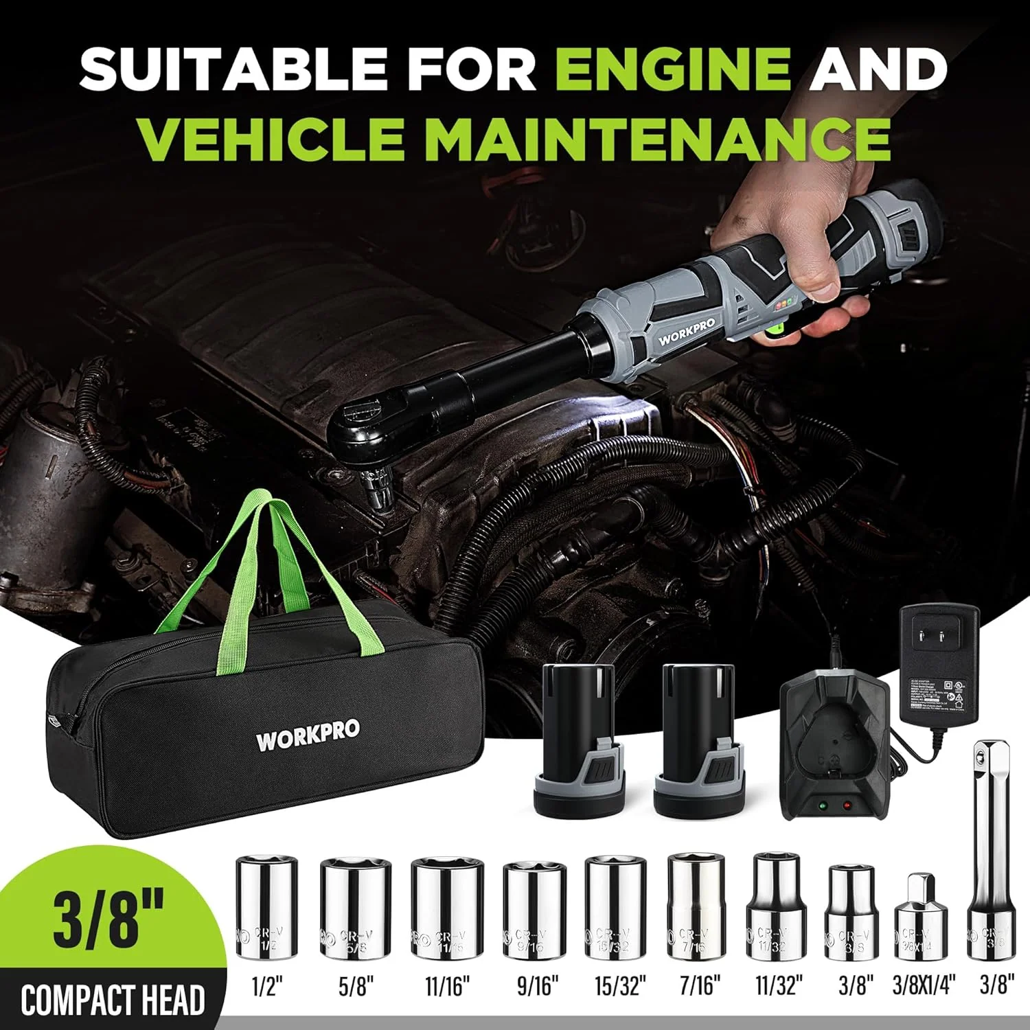 WORKPRO 12V 40 Ft-lbs Power Ratchet Wrench Kit with 10-Piece Socket Accessory Set, 1-Hour Fast Charger, 2.0Ah Lithium-Ion Batteries | 40 Ft-lbs, 10-Piece Socket Accessory Set, 1-Hour Fast Charger, 2.0Ah Lithium-Ion Batteries - Image 3